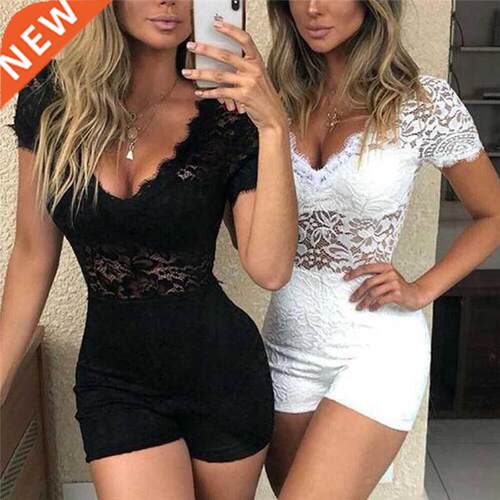 EuropeanandAmericanlace V-neckshort-sleeved one-piece shorts