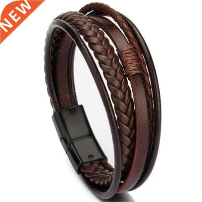 ndy Genuine Leather Bracelets Men Stainless Steel Multilayer