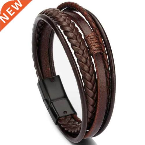 ndy Genuine Leather Bracelets Men Stainless Steel Multilayer