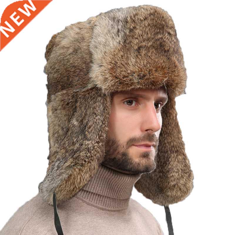 Thick Warm Bomber Hat Men Real Rabbit Fur Earflap Trapper Ou
