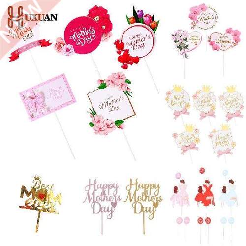 1-10pcs Cake Topper Pink Heart Flower Decoration Happy