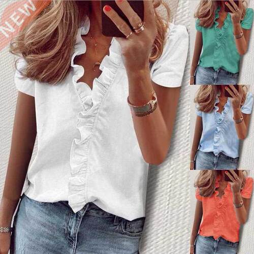 Women Plain Ruffle Blouse 2022 Summer Solid Color Short Slee