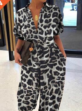 Leopar Print Jumpsuit Women' Short Sleeve Butto Casual Pants