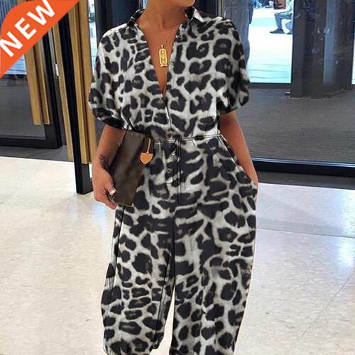 Leopar Print Jumpsuit Women' Short Sleeve Butto Casual Pants