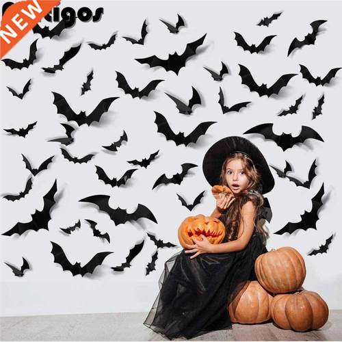 24/48pcs Halloween Decoraton 3D Black PVC Bat Halloween Par