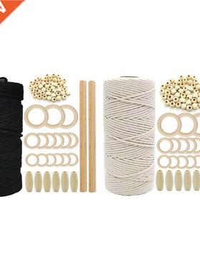 2 Set Macrame Cord Natural Cotton Rope Mm with Wood Ring Wo