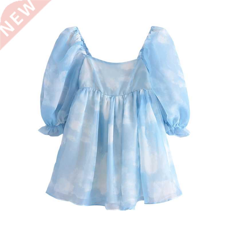 YENKYE Summer Women Blooming Sky Color Organza Princess Dres