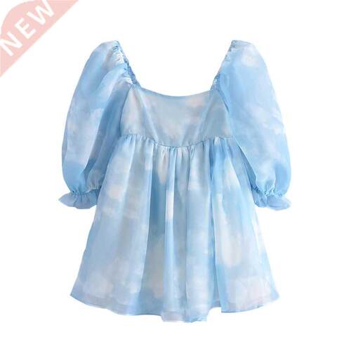 YENKYE Summer Women Blooming Sky Color Organza Princess Dres