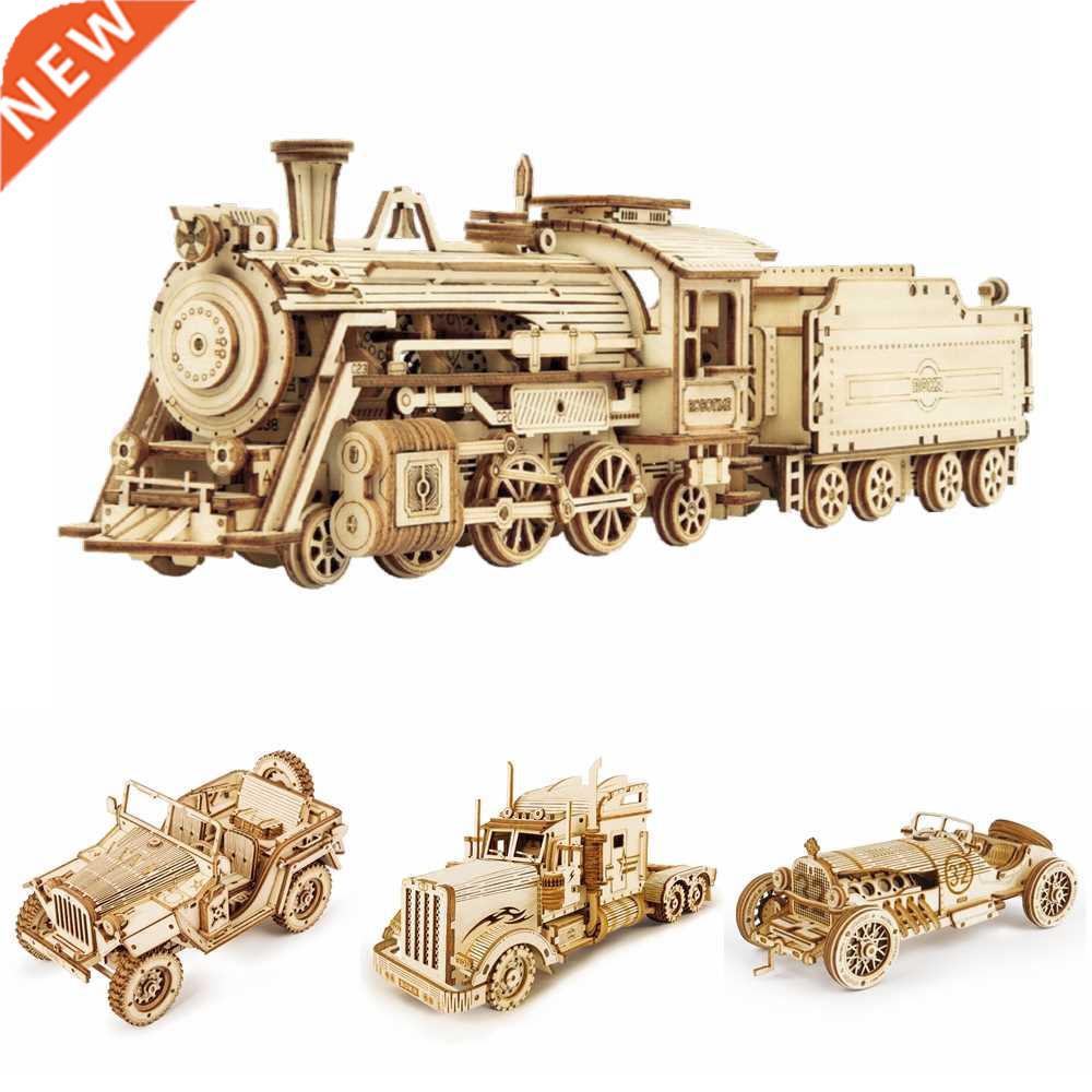 Robotime Rokr  Movable Steam Train,Car,Jeep Wooden Model