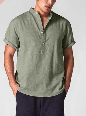 Cotton linen short sleeve men's summer shirt trend loose top