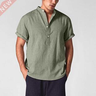 Cotton linen short sleeve men's summer shirt trend loose top