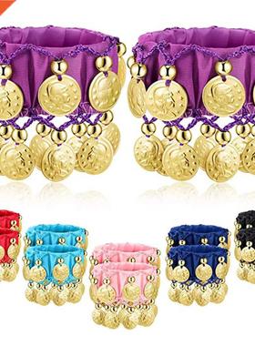 1 Pair Belly Dance Wrist Ankle Cuffs Bracelets Chiffon Gold