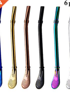 6pcs Metal Spoon Tea Filter Tea Straws Stainless Steel Drink