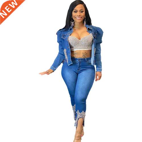 Casual Jeans Suit Women Denim Two Pieces Set Blue Long Sleev