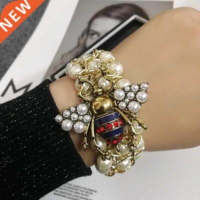 Luxury Handmade Elastic Pearl Bee Bracelet Bangle Jewelry F