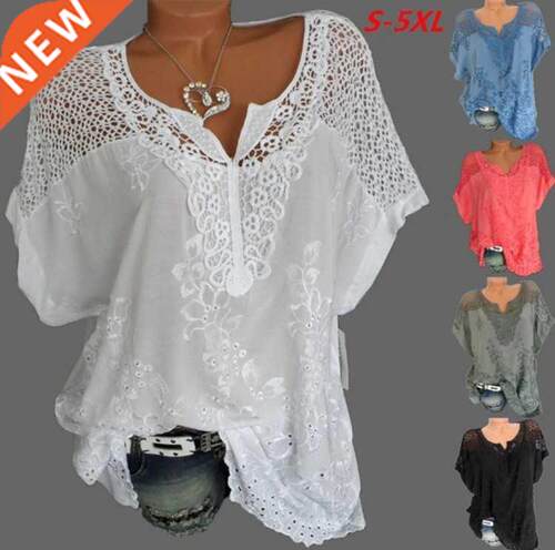 Large Size Loose Short-Sleeved Lace Women Blouses Cotton Blo