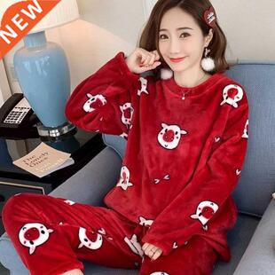 Autumn Winter Warm Flannel Women Pyjamas Sets Thick Coral Ve