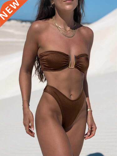 Solid Swimsuit Women Bathing Suit Bandeau Bikini 2022 Biqui