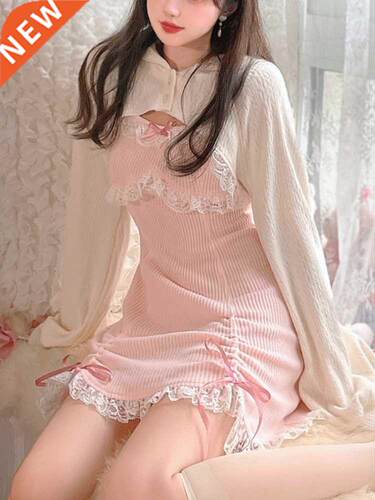 Lace Japanese Sweet Lolita Dress Women Bow Pink Kawaii Party