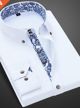 Blue-and-white Porcelain Collar Shirt Men Long Sleeve Korean