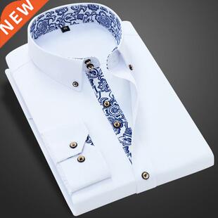Blue-and-white Porcelain Collar Shirt Men Long Sleeve Korean