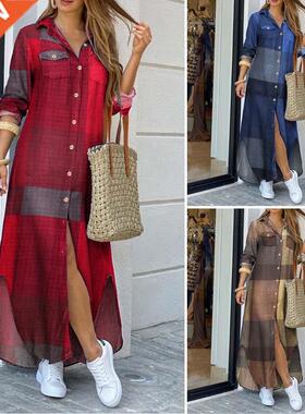 Long Sleeve Dress Checked Plaid Robe Maxi Beach Dress Summer