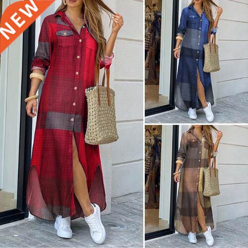 Long Sleeve Dress Checked Plaid Robe Maxi Beach Dress Summer