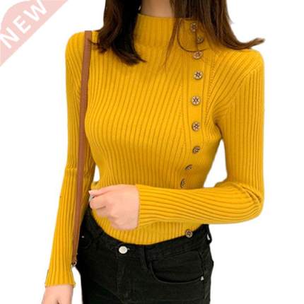 Autumn Ribbed Button Women Sweater Pullovers Cotton Long Sle