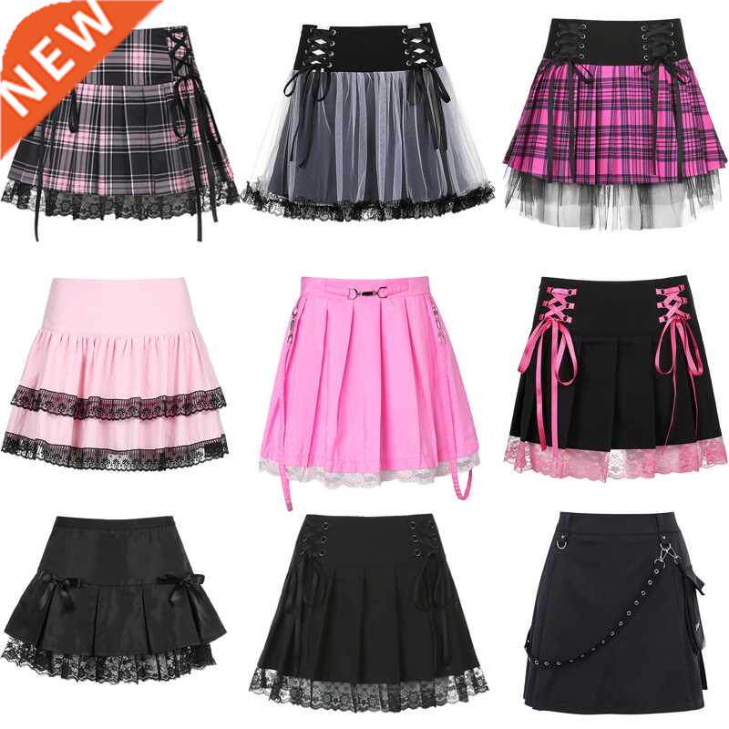 E-girl Gothic Lace Mini Pleated Skirt Women Punk Y2K Aesthet - 实物图