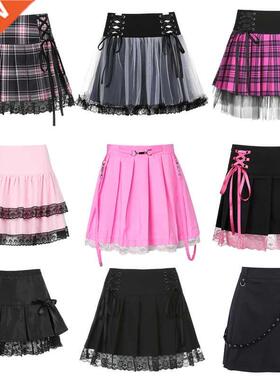 E-girl Gothic Lace Mini Pleated Skirt Women Punk Y2K Aesthet