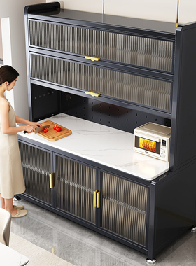 厨房置物架家用微波炉橱柜多功能餐边靠墙一体储物柜岩板收纳碗柜