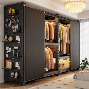 货架衣柜家用卧室出租房用洞洞板挂衣架落地多层蜂窝门简易衣橱柜