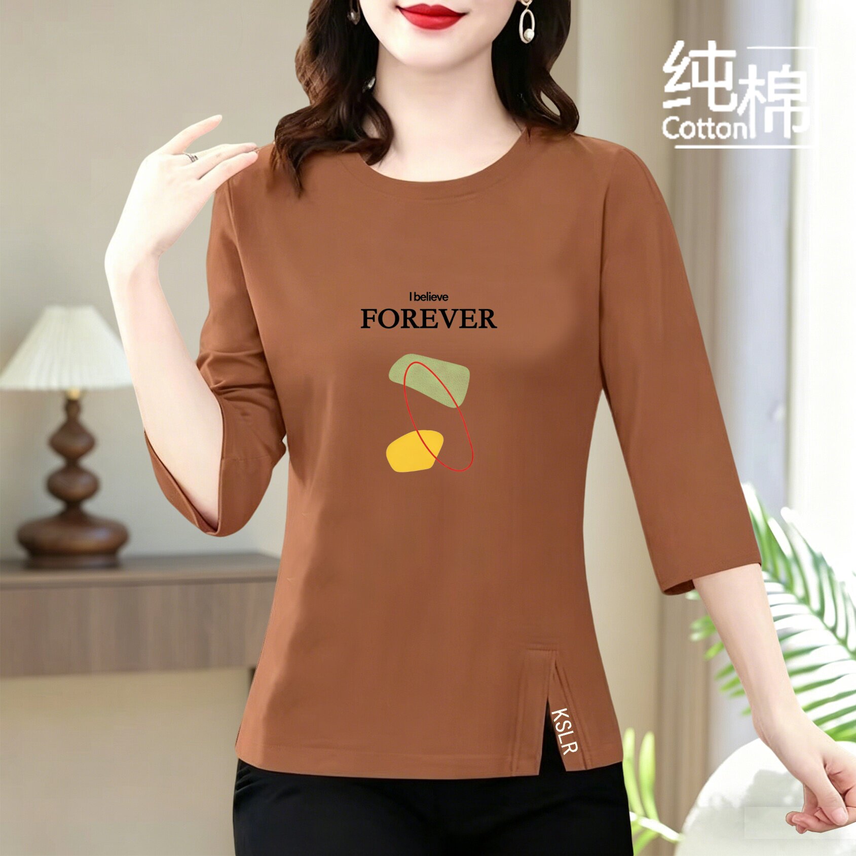 宽松大码妈妈半袖纯棉印花上衣中老年七分袖女装夏季新款婆婆装潮