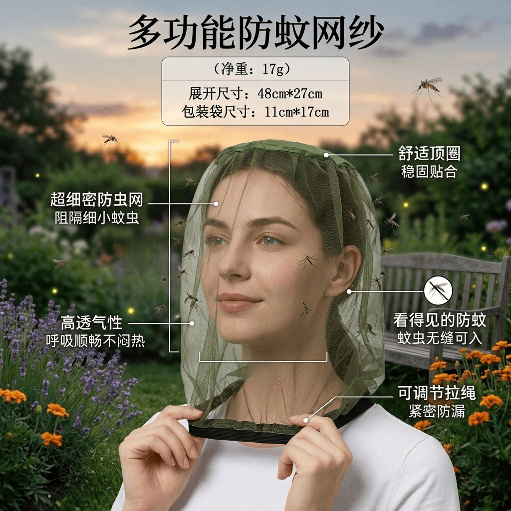 防护面罩户外叮咬网纱外出旅行露营防虫头巾面纱