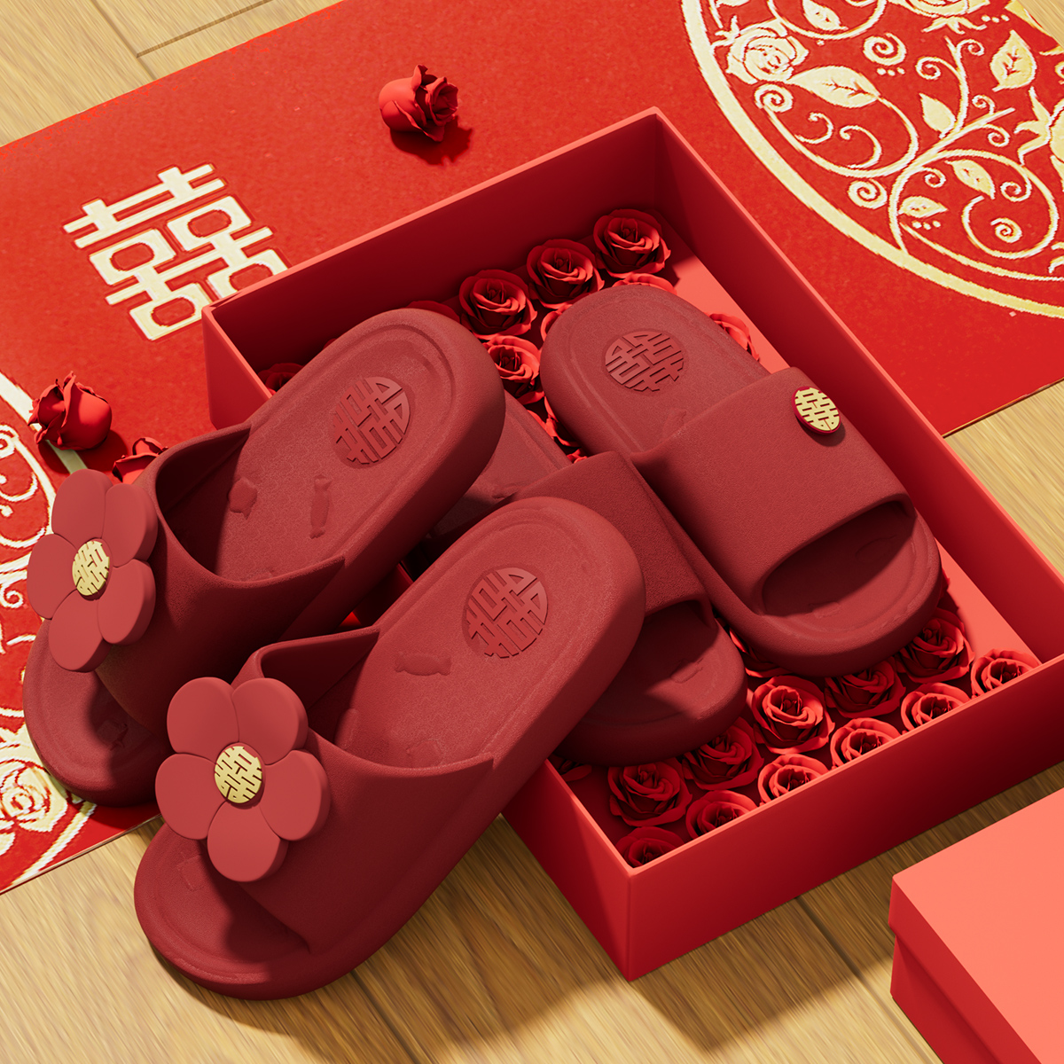 夏季拖鞋结婚喜庆红色一对情侣婚庆婚礼陪嫁室内防滑轻便浴室凉拖