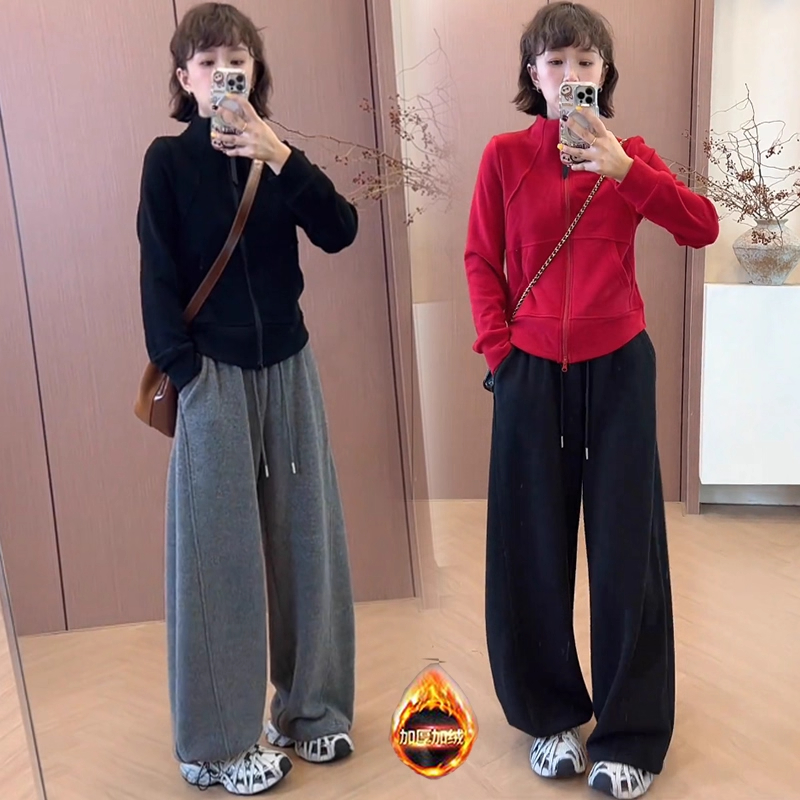 加绒加厚时尚套装女秋冬新款洋气显瘦立领卫衣阔腿裤休闲两件套
