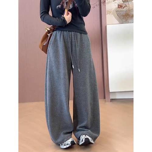 加绒休闲裤女遮胯弯刀裤冬宽松阔腿裤梨型身材高腰显瘦直筒束脚裤