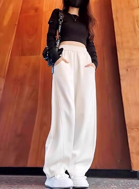 加绒白色运动裤子女秋冬季加厚2026新款休闲弯刀裤高腰卫裤香蕉裤