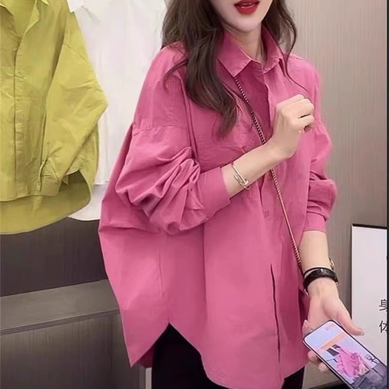 粉色衬衣新款春季纯色衬衫女潮流百搭韩版宽松外套衬衣洋气上衣潮