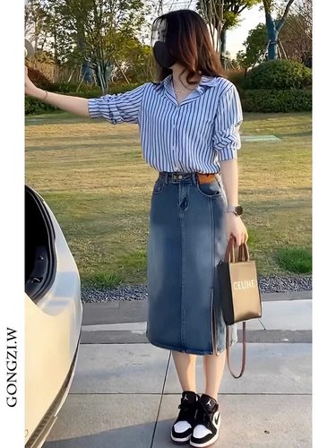 轻熟风套装女装港味洋气减龄条纹气质衬衫高腰显瘦开叉牛仔半身裙