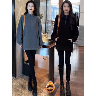 加绒加厚长袖卫衣女2026冬季新款洋气宽松中长款立领休闲上衣外套