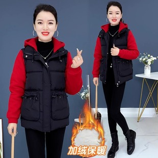 加绒加厚冬季新款连帽马甲假两件棉服短外套女士时尚拼接保暖棉衣