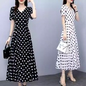 夏天胖mm减龄雪纺圆点连衣裙夏季 大码 女装 黑色长裙波点裙子洋气女