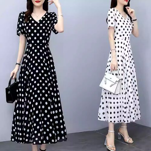 圆点连衣裙夏季黑色长裙波点裙子