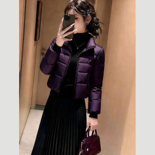 2025冬季新款紫色短款羽绒棉服女立领显瘦保暖修身外套时尚洋气