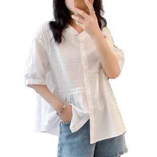 韩范小清新短袖衬衫女2026年夏季新款v领娃娃衫宽松百搭白色衬衣