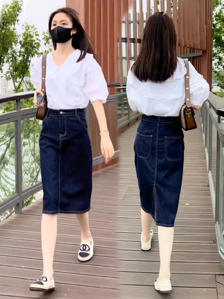 木耳边短袖衬衫高腰牛仔半身裙