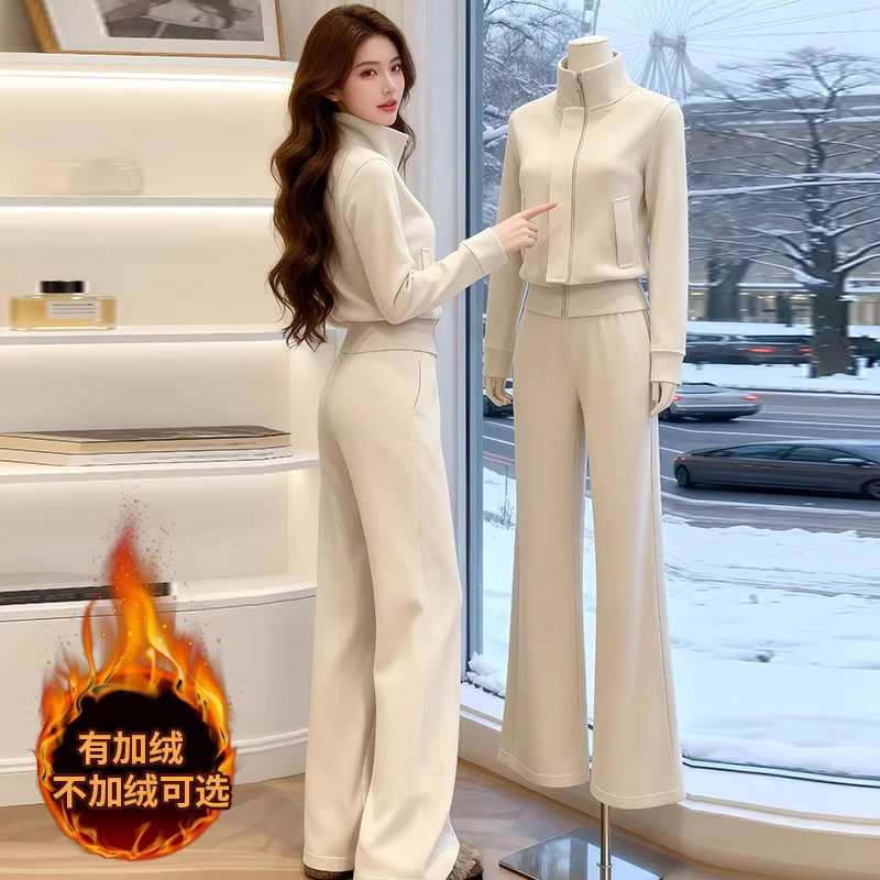 气质韩版休闲运动套装女2026冬加绒加厚洋气外套上衣阔腿裤两件套