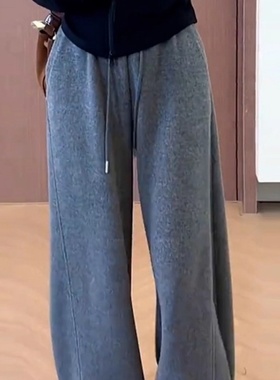 灰色加绒运动休闲裤子女2026秋冬新款弯刀裤高腰显瘦加厚阔腿卫裤
