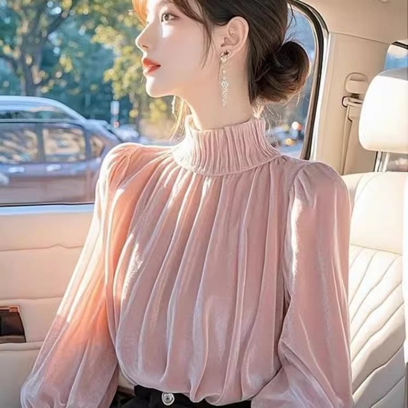 别致修身显瘦内搭粉色半高领衬衫